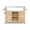 50" Wood Barn Door Rolling Kitchen Island With Storage